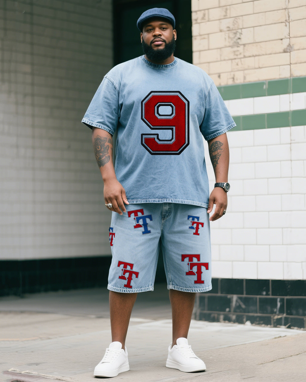 Big & Tall Denim Graphic T-Shirt Shorts Set for big men view 1