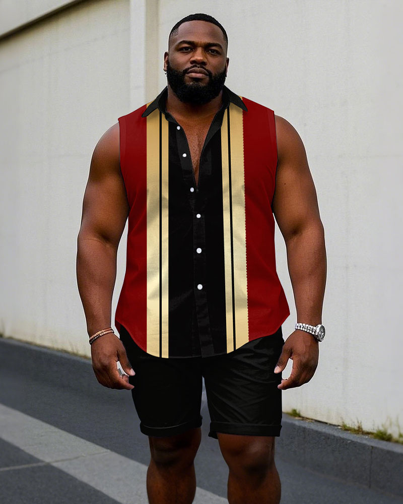Big & Tall Black Red Colorblock T-Shirt Shorts Set for big men view 1