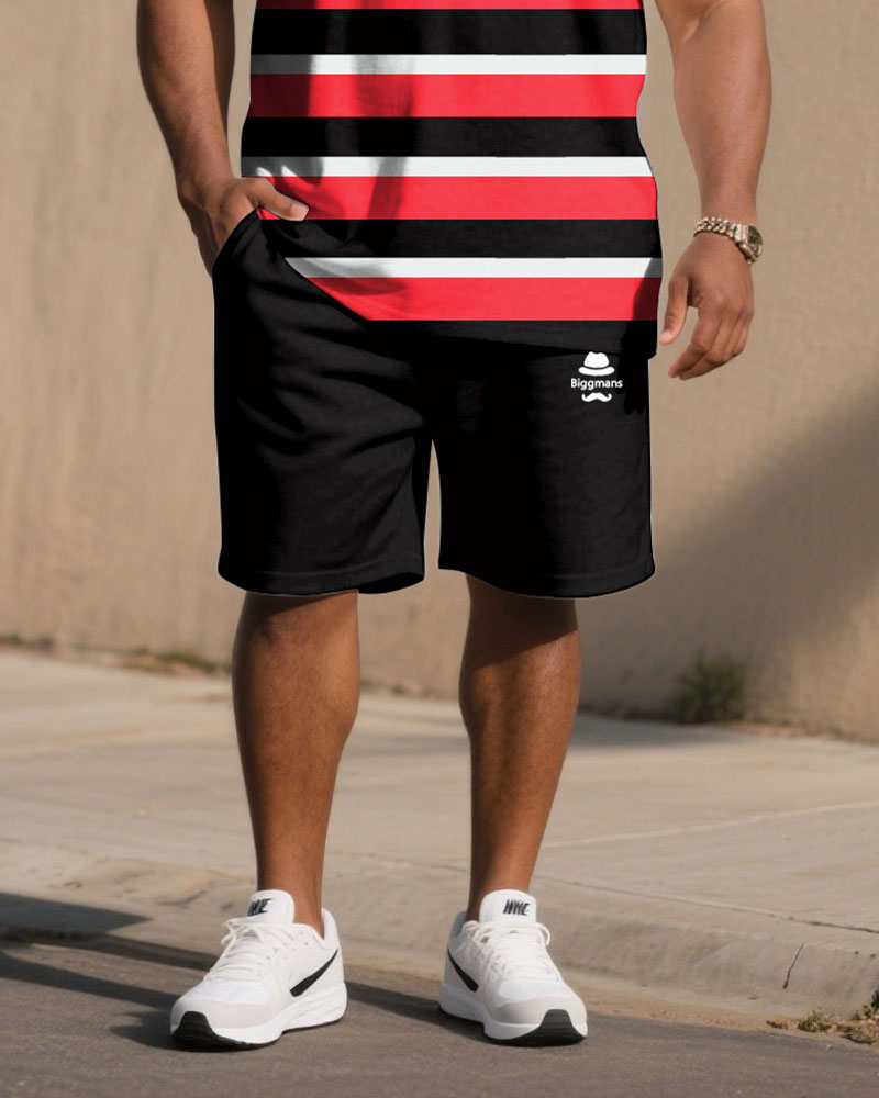 Big & Tall Black White Striped T-Shirt Shorts Set for big men view 3