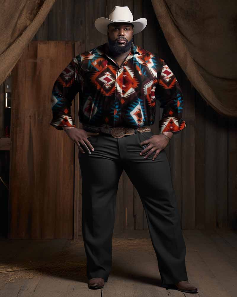 Big & Tall Brown Orange Western T-Shirt Pants Set for big men view 1