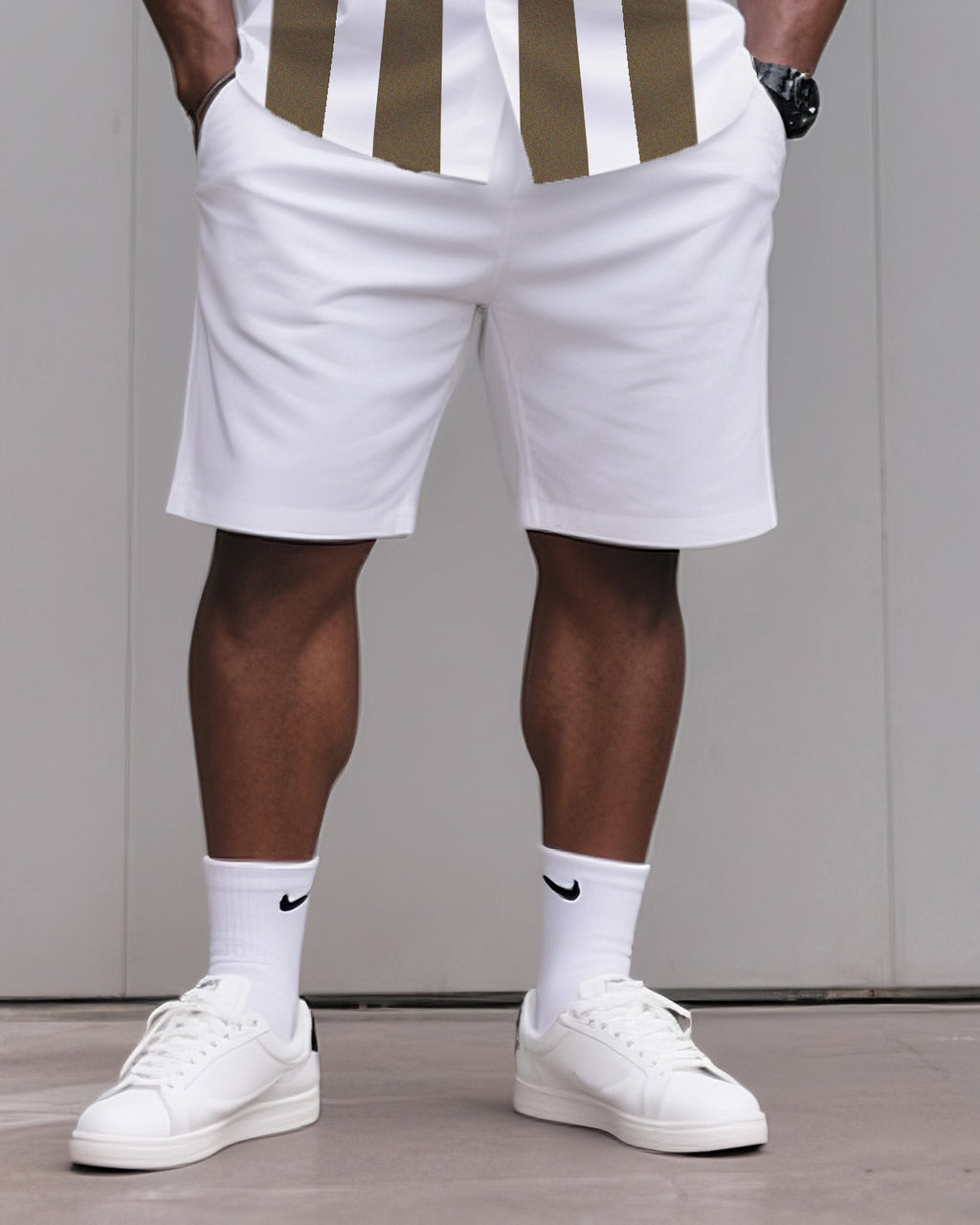 Big & Tall Khaki Striped T-Shirt Shorts Set for big men view 3