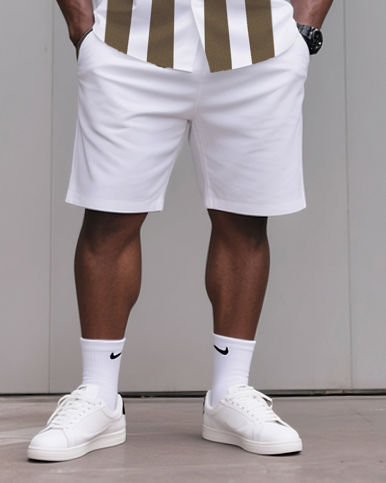 Big & Tall Khaki Striped T-Shirt Shorts Set for big men view 3