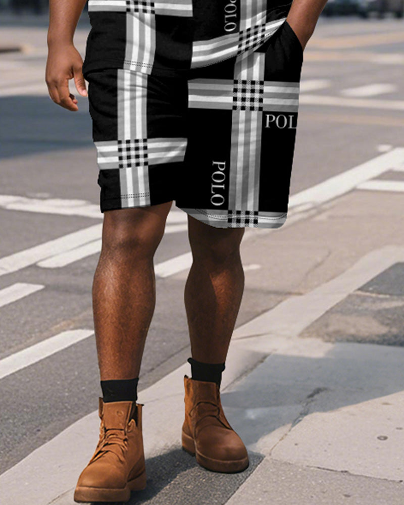 Big & Tall Black Striped Graphic Polo Shorts Set for big men view 3