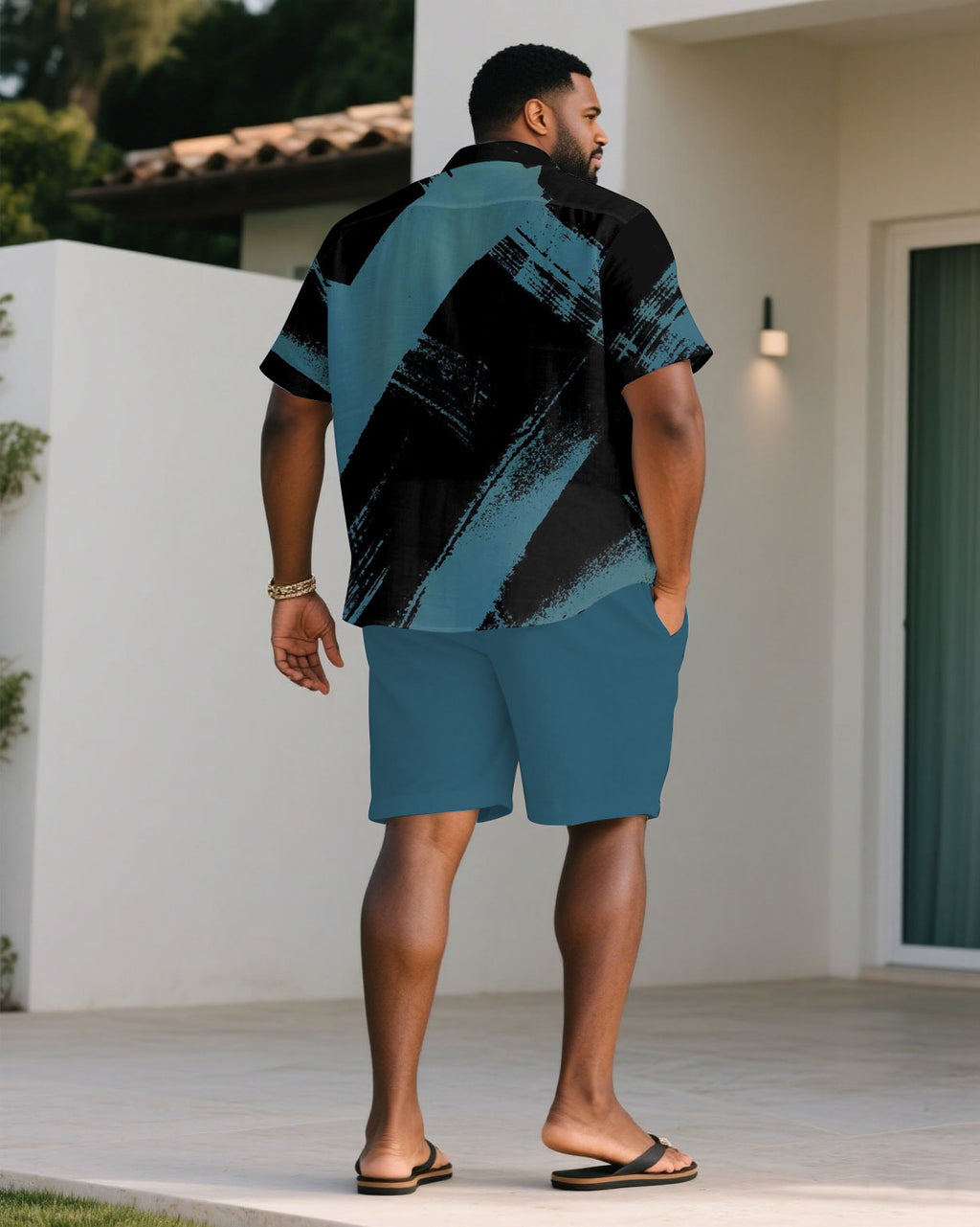 Big & Tall Black Blue Splash Ink T-Shirt Shorts Set for big men view 4