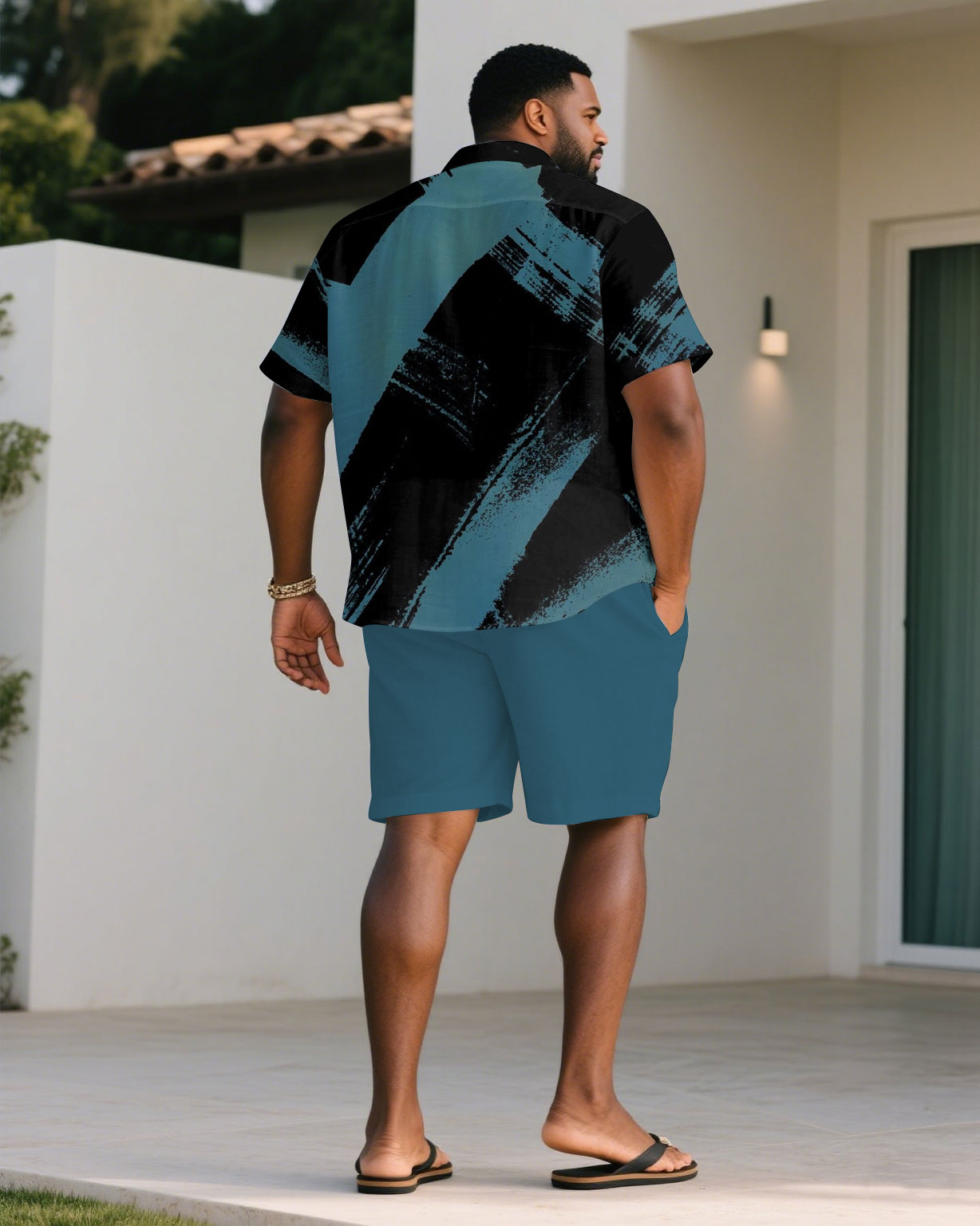 Big & Tall Black Blue Splash Ink T-Shirt Shorts Set for big men view 4