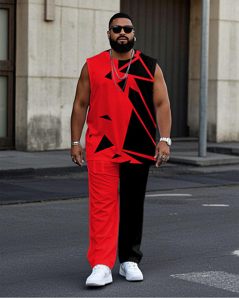 Big & Tall Red Colorblock Geometric Vest Pants Set for big men view 1