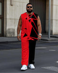 Big & Tall Red Colorblock Geometric Vest Pants Set for big men view 1