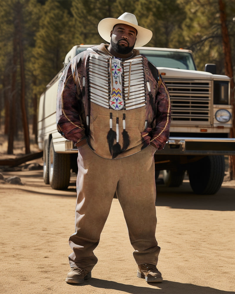 Big & Tall Brown Western Hoodie Sweatpants Set for big men view 1