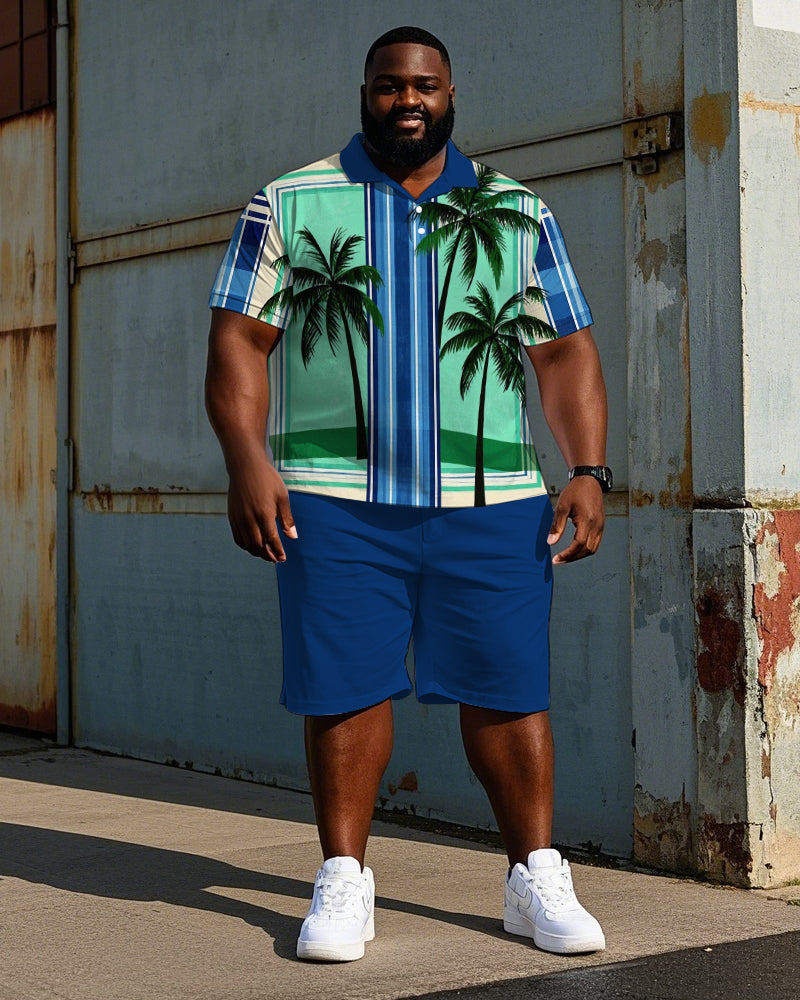 Big & Tall Hawaiian Striped Polo Shorts Set for big men view 1