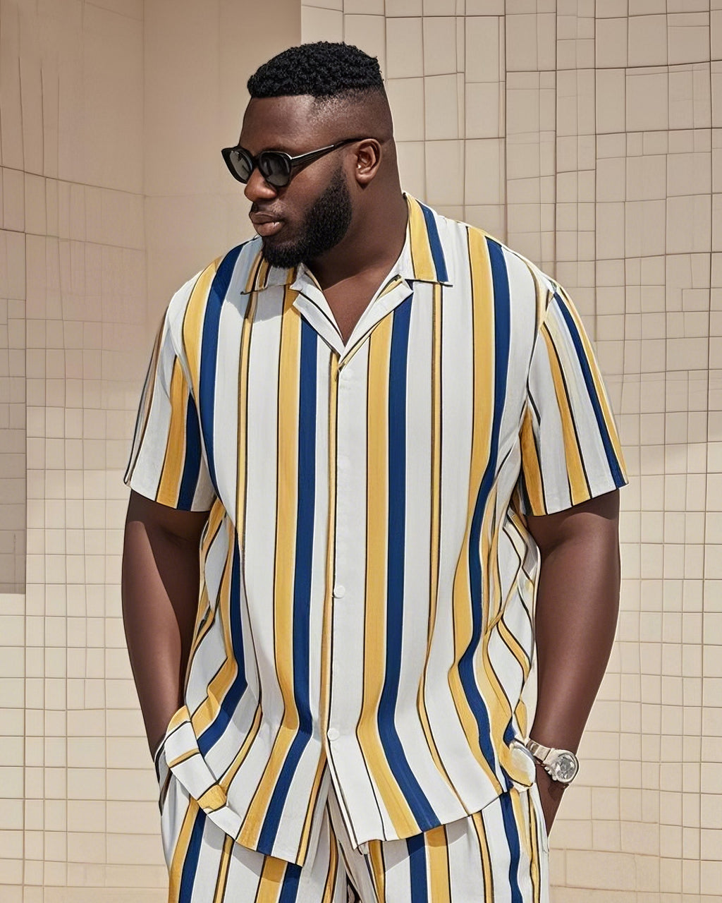 Big & Tall White Blue Colorblock T-Shirt Shorts Set for big men view 2