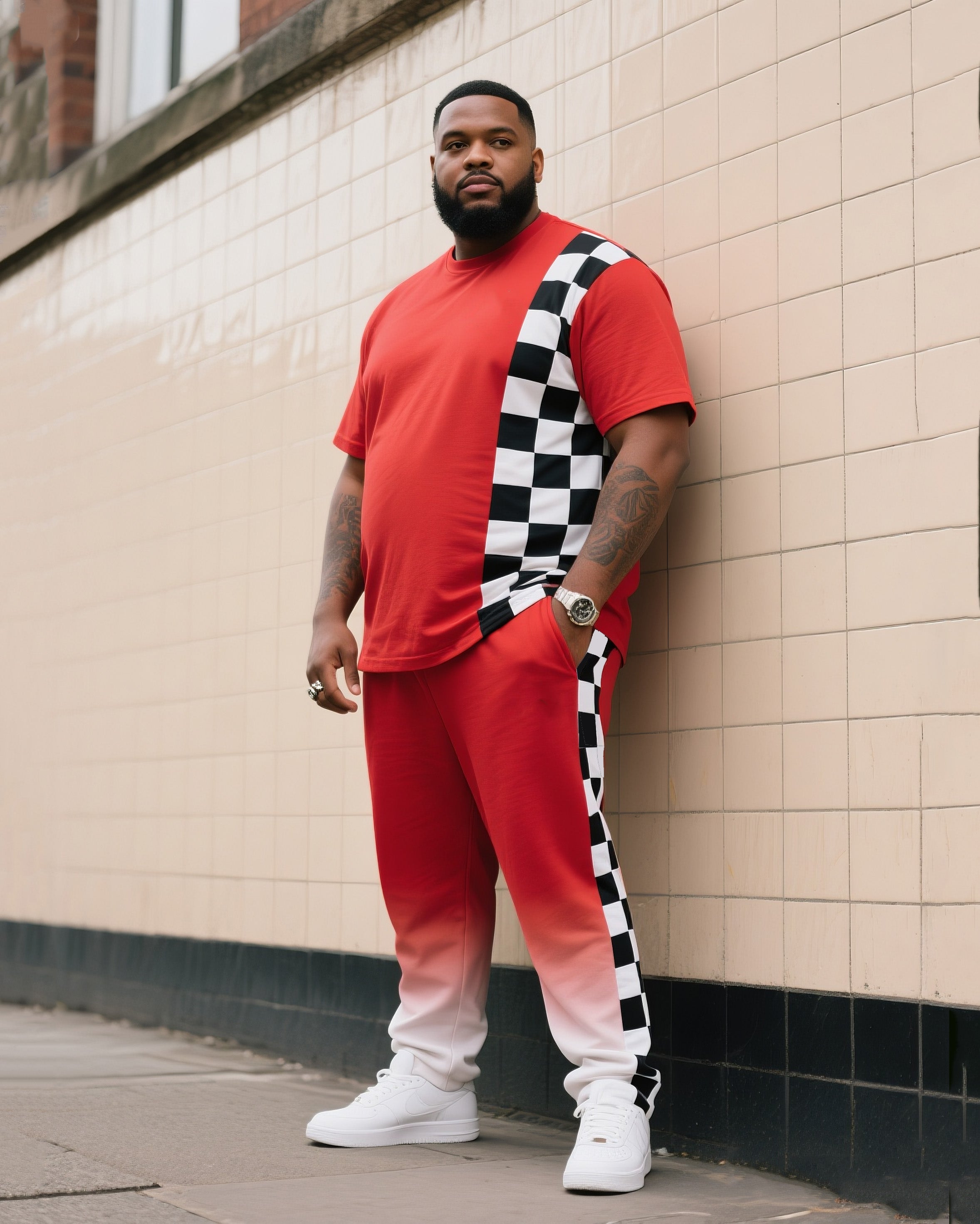 Big & Tall Black White Plaid T-Shirt Pants Set for big men view 1