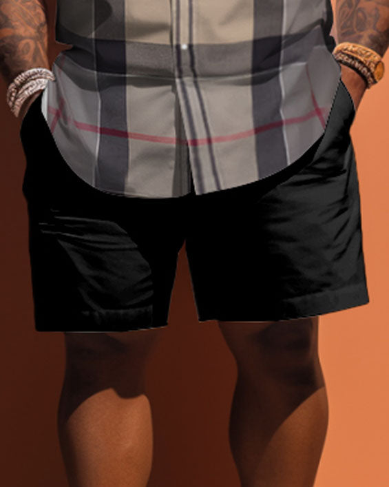 Big & Tall Khaki Plaid T-Shirt Shorts Set for big men view 3