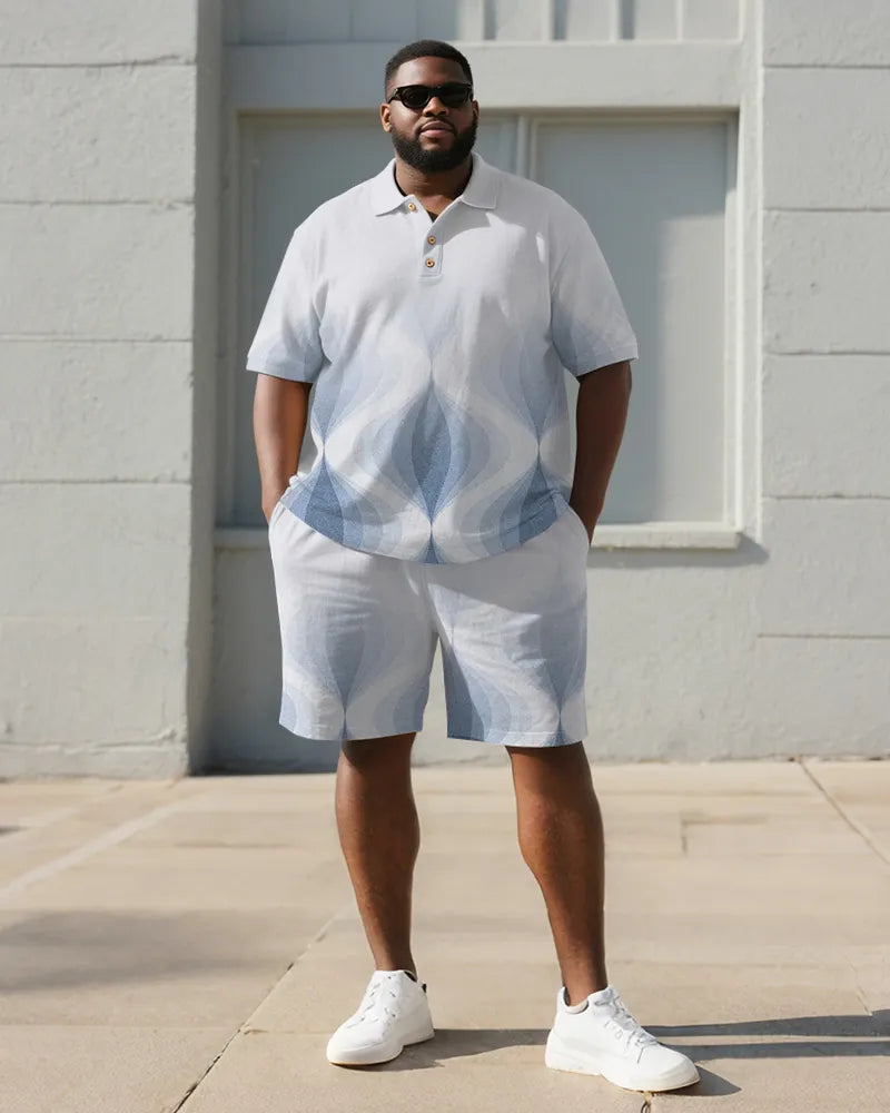 Big & Tall Blue Gradient Geometric Polo Shorts Set for big men view 1