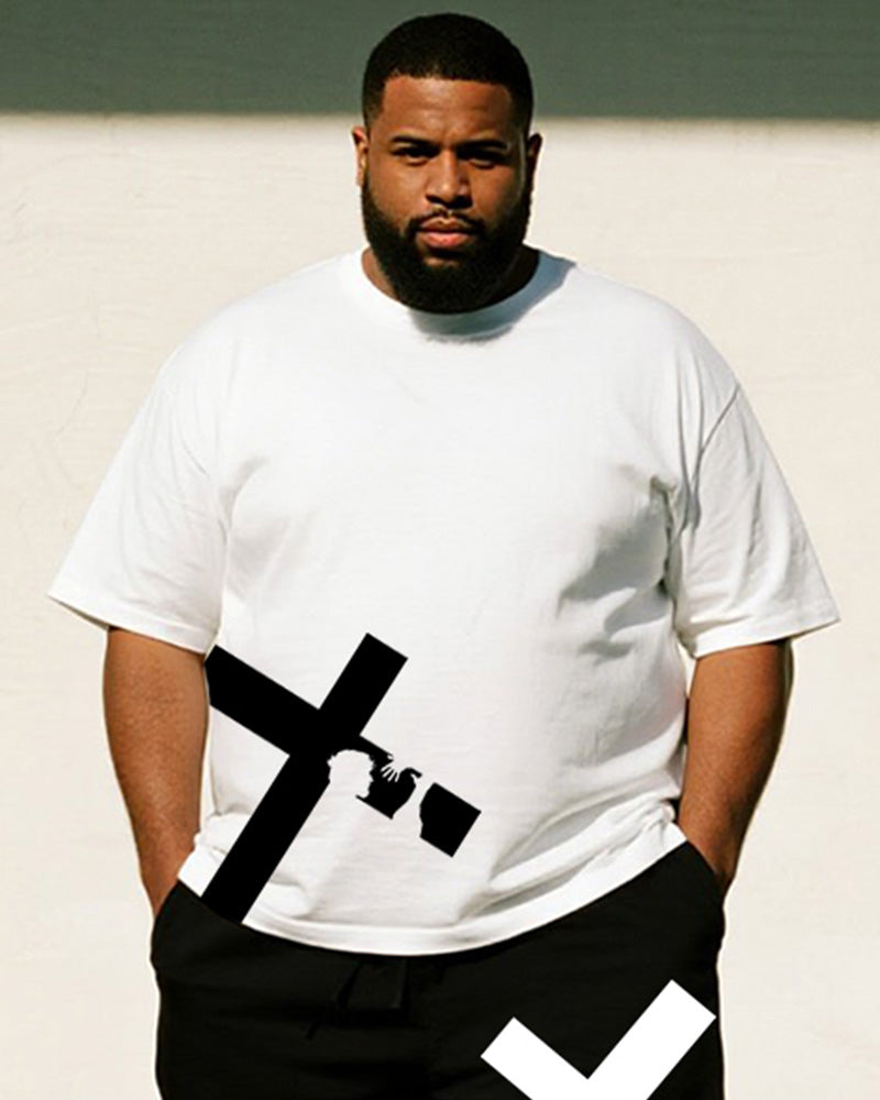 Big & Tall Black White Graphic T-Shirt Shorts Set for big men view 2
