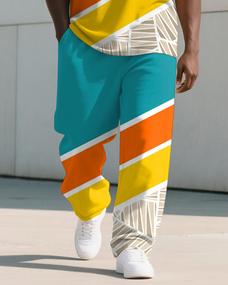 Big & Tall Blue Yellow Colorblock T-Shirt Pants Set for big men view 3