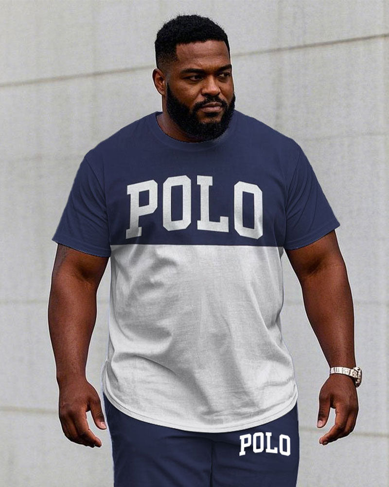 Big & Tall White Blue Colorblock T-Shirt Shorts Set for big men view 2