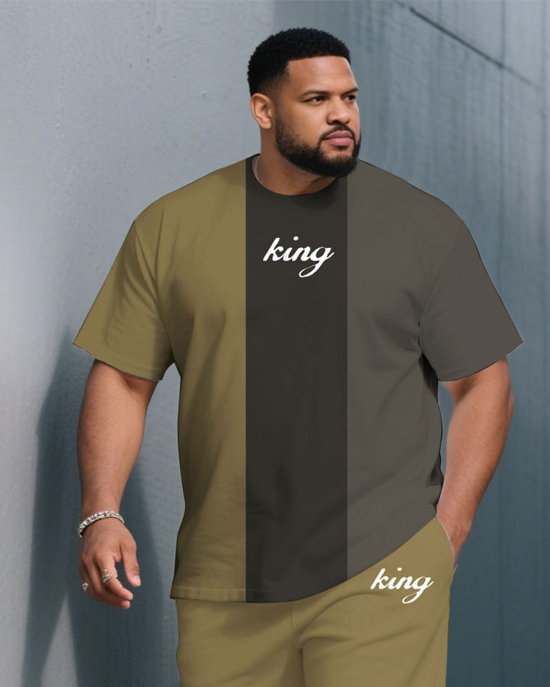 Big & Tall Khaki Gray Colorblock T-Shirt Shorts Set for big men view 2