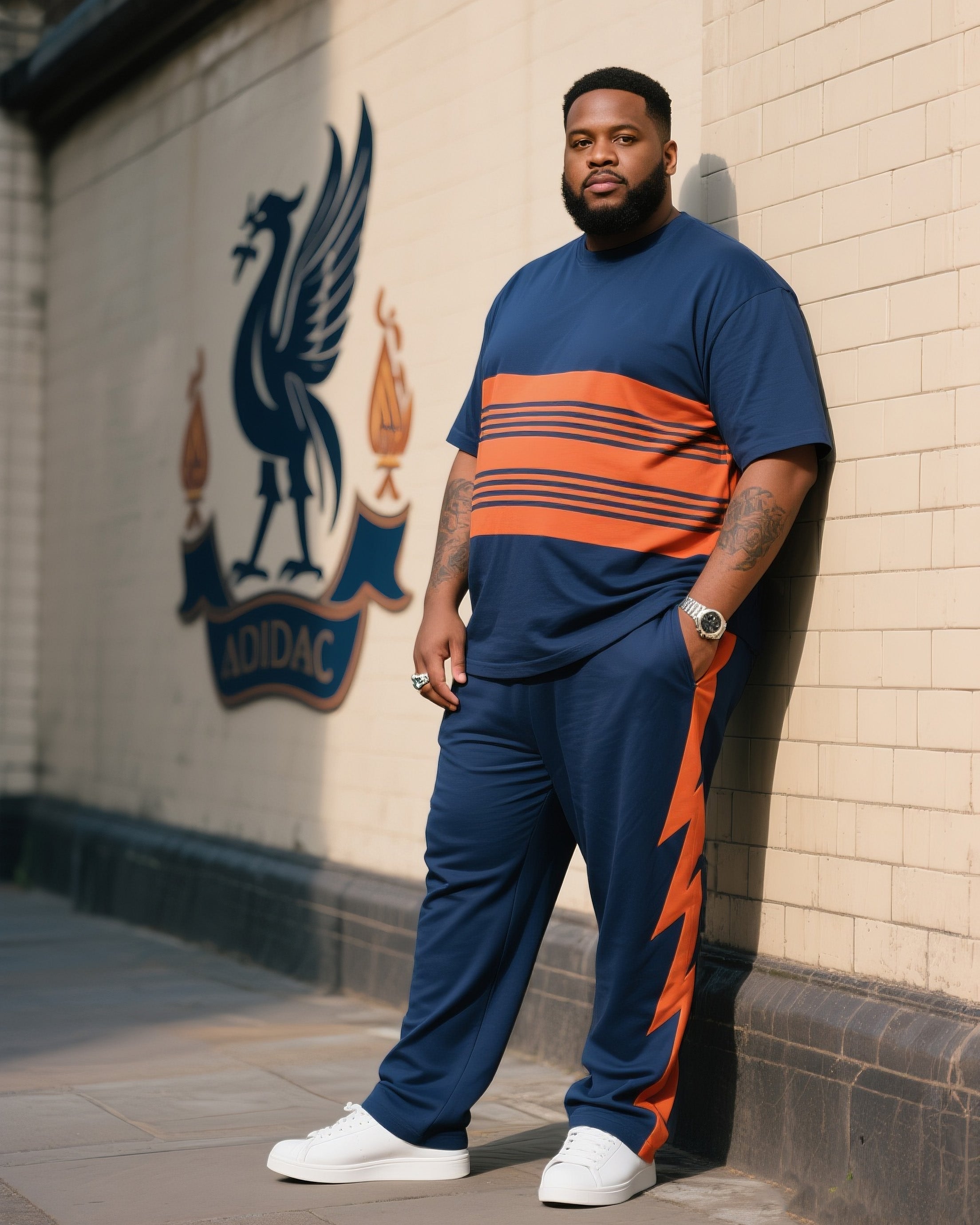 Big & Tall Blue Orange Striped T-Shirt Pants Set for big men view 1