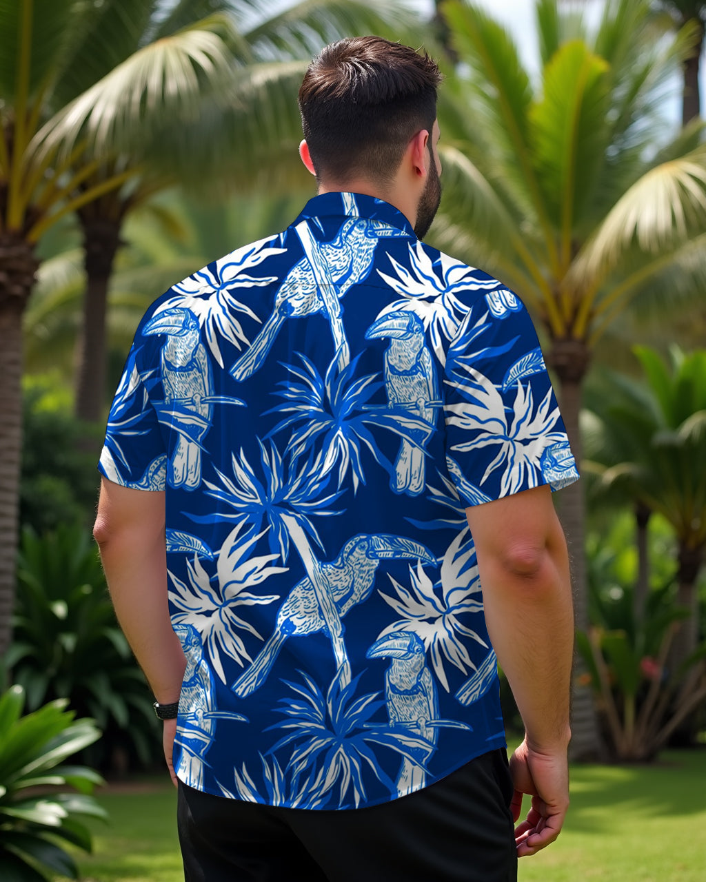 Big & Tall Blue Hawaiian Floral Short Sleeve Shirt for big men view 3