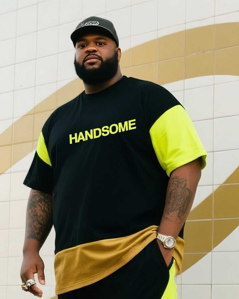 Big & Tall Black Green Striped T-Shirt Pants Set for big men view 2