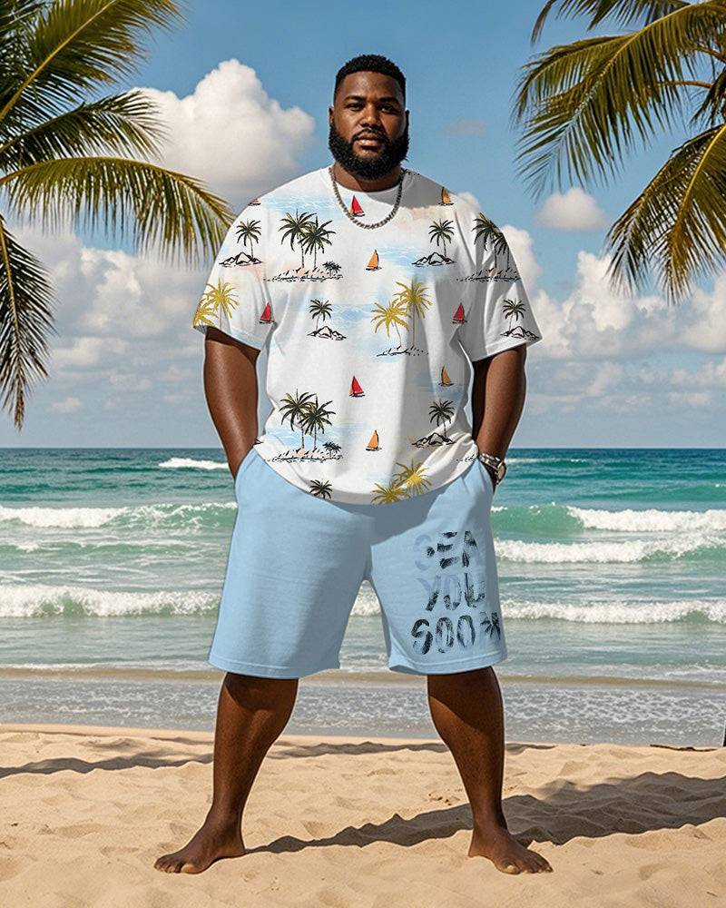 Big & Tall Blue Hawaiian Graphic T-Shirt Shorts Set for big men view 1