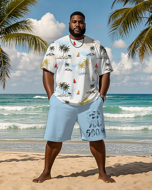 Big & Tall Blue Hawaiian Graphic T-Shirt Shorts Set for big men view 1