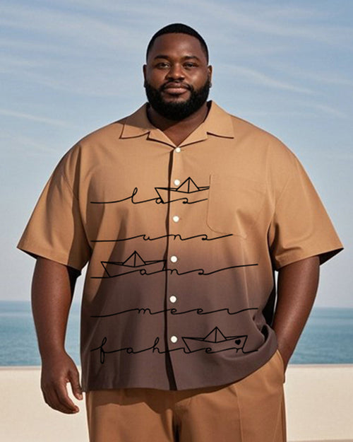 Big & Tall Brown Hawaiian Gradient T-Shirt Shorts Set for big men view 2
