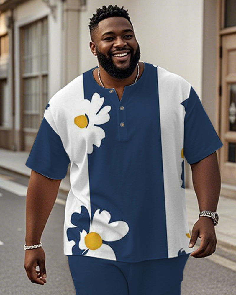 Big & Tall White Blue Colorblock T-Shirt Pants Set for big men view 2