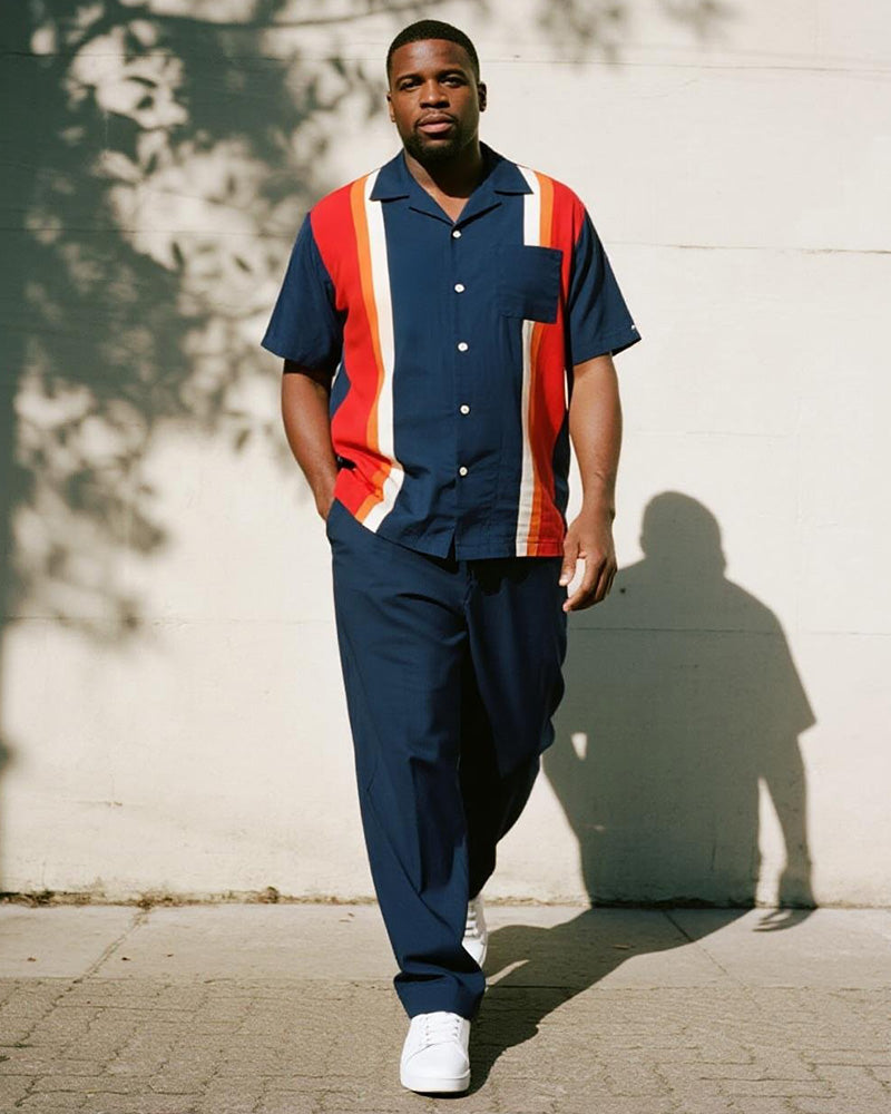 Big & Tall Blue Colorblock Striped T-Shirt Pants Set for big men view 1
