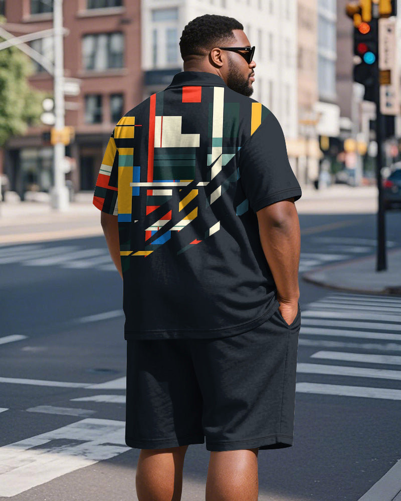 Big & Tall Black Geometric Graphic Polo Shorts Set for big men view 5