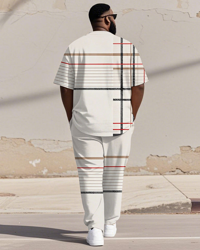 Big & Tall White Khaki Colorblock T-Shirt Pants Set for big men view 4