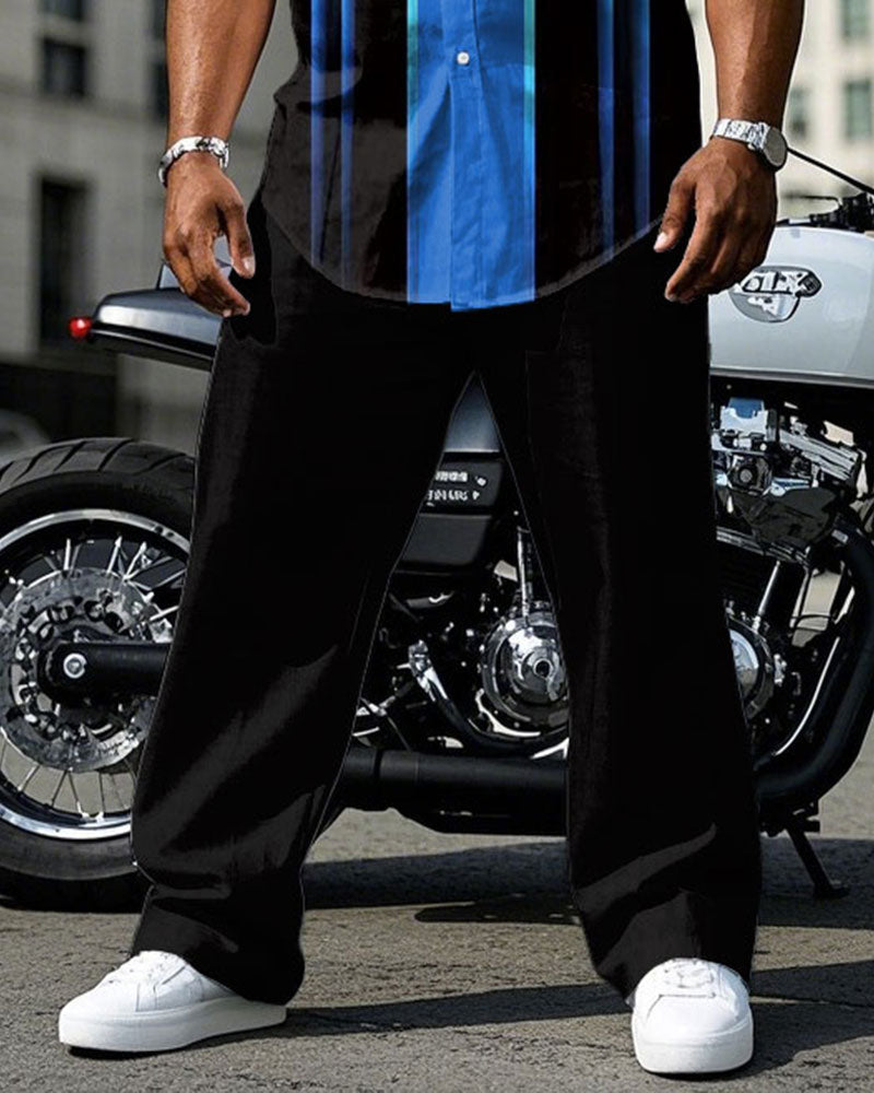 Big & Tall Black Blue Colorblock T-Shirt Pants Set for big men view 3