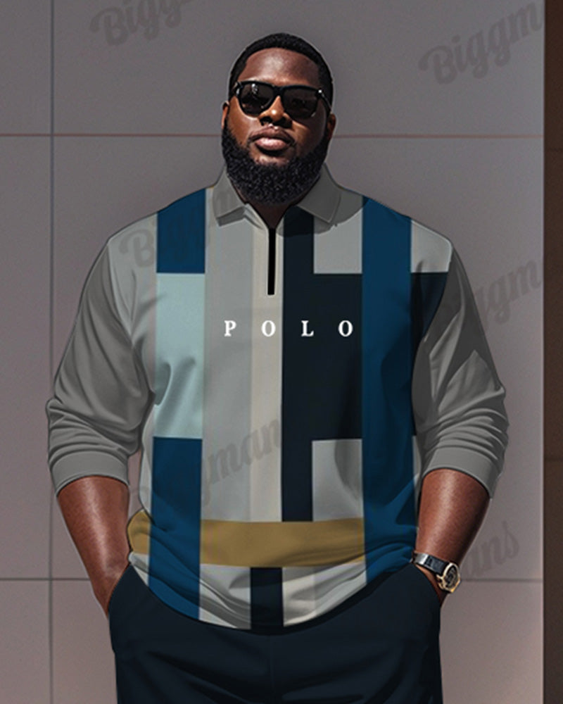 Big & Tall Blue Geometric Striped Polo Pants Set for big men view 2