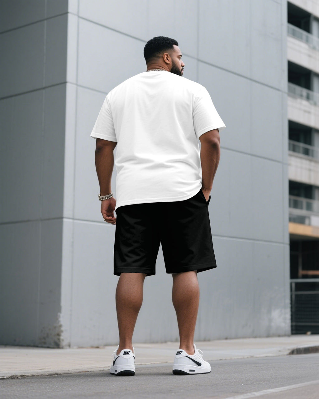 Big & Tall Black White Graphic T-Shirt Shorts Set for big men view 4