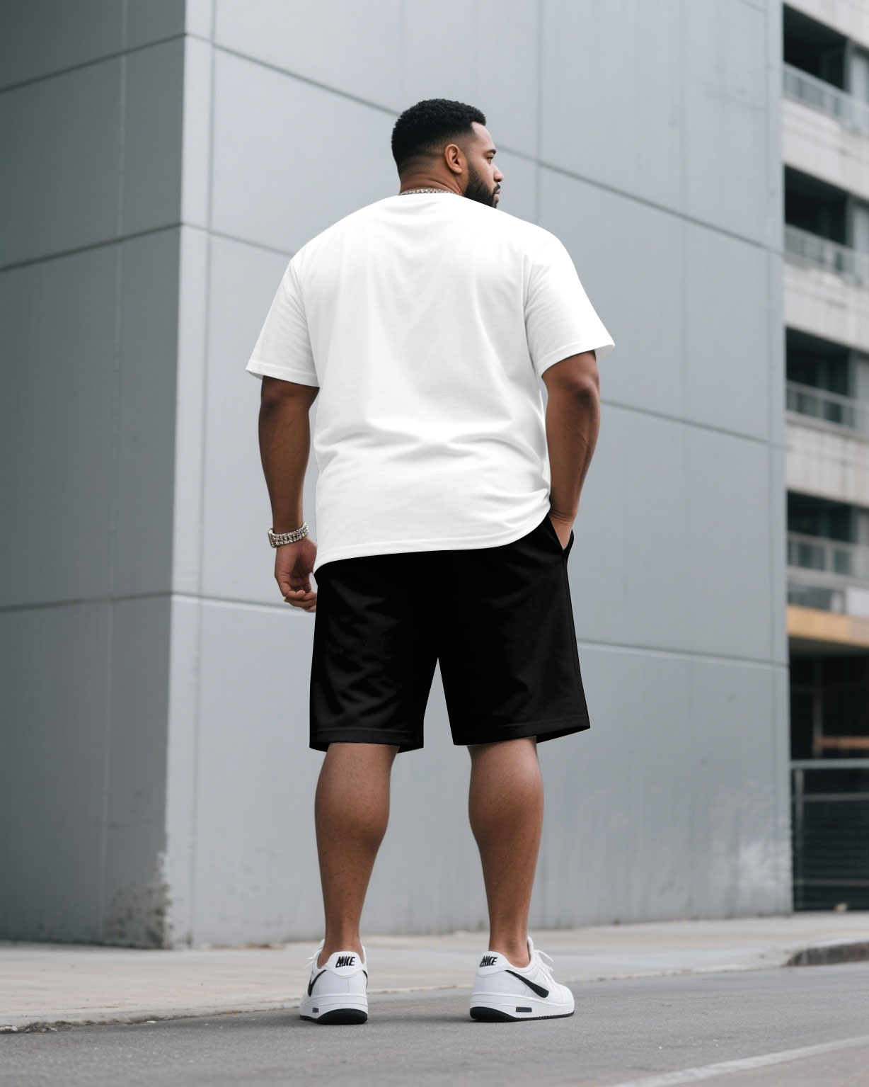 Big & Tall Black White Graphic T-Shirt Shorts Set for big men view 4