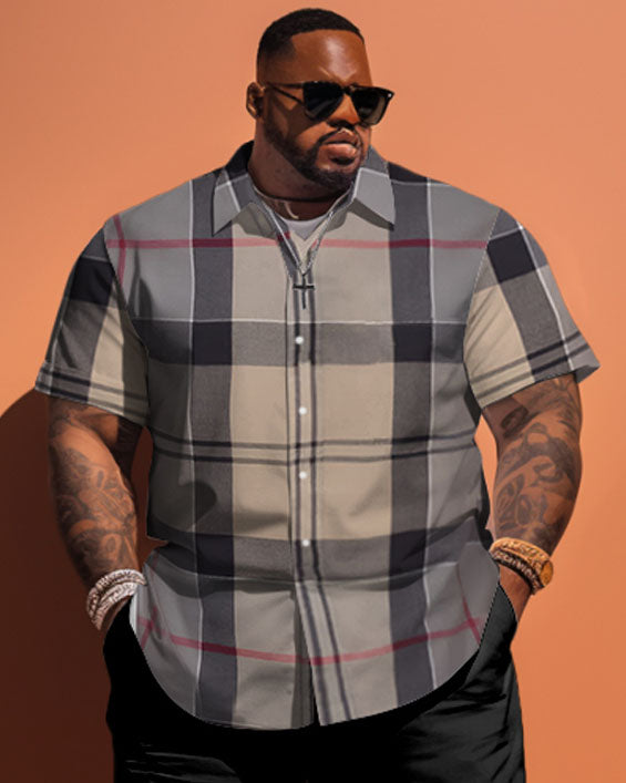 Big & Tall Khaki Plaid T-Shirt Shorts Set for big men view 2