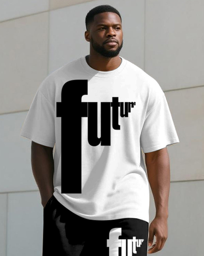 Big & Tall Black White Graphic T-Shirt Pants Set for big men view 2