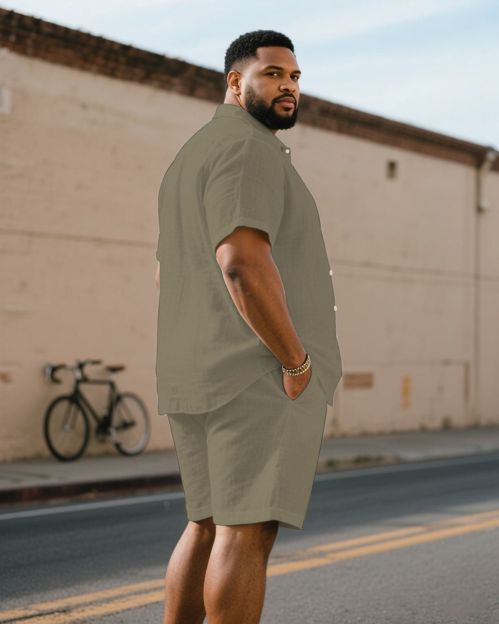 Big & Tall Black Khaki Hawaiian T-Shirt Shorts Set for big men view 4