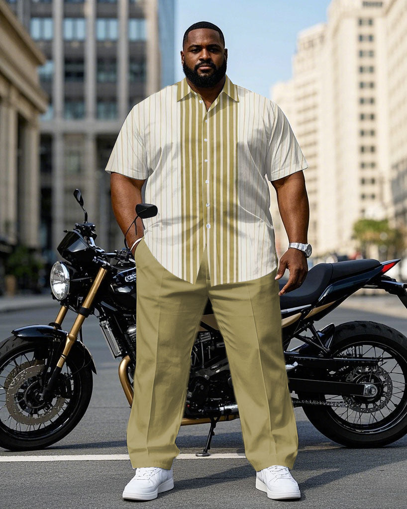 Big & Tall Yellow Striped Patchwork T-Shirt Pants Set for big men view 1