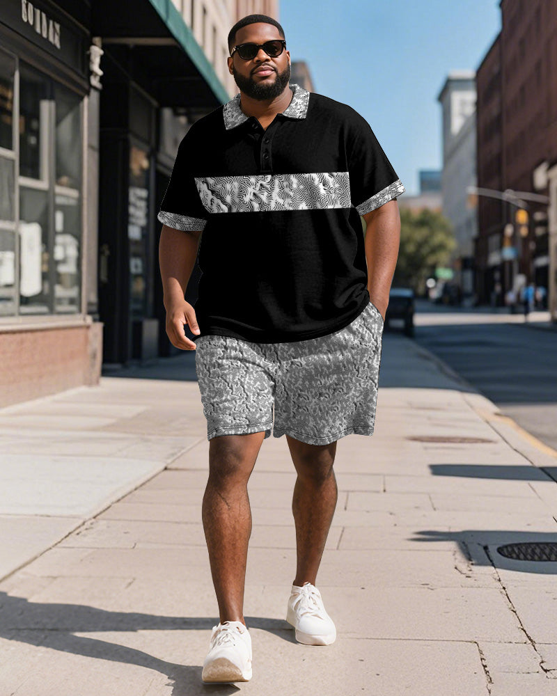 Big & Tall Black Patchwork Polo Shorts Set for big men view 1