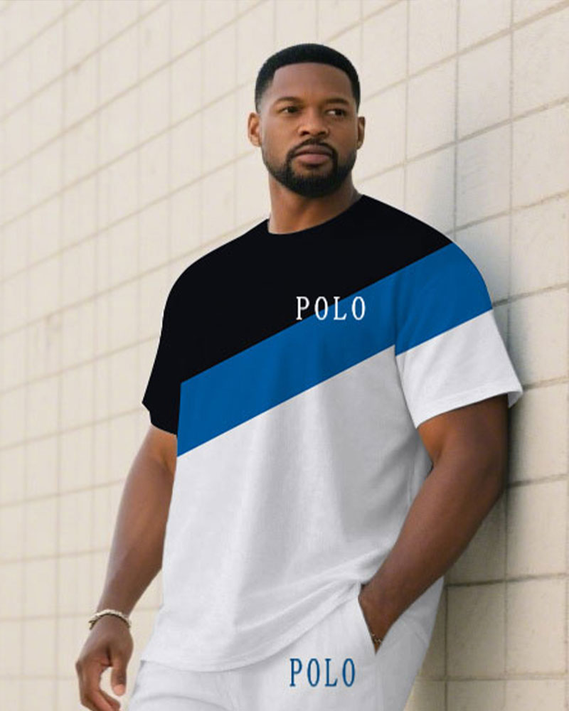 Big & Tall Black White Colorblock T-Shirt Pants Set for big men view 3
