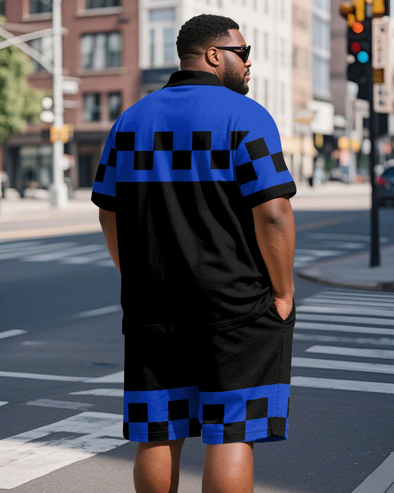 Big & Tall Blue Colorblock Graphic Polo Shorts Set for big men view 8
