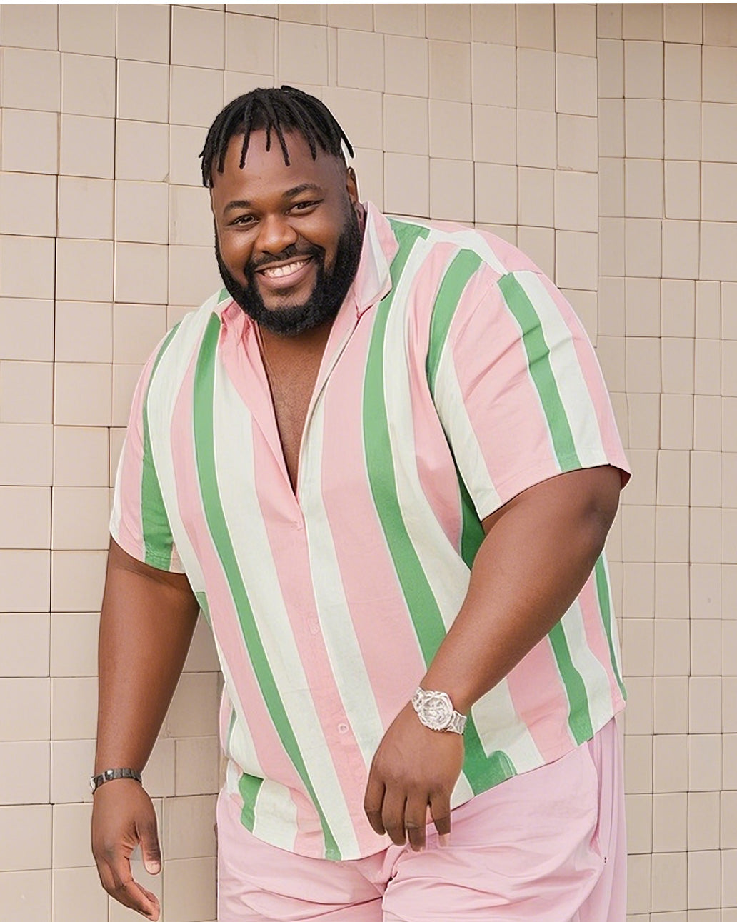 Big & Tall Green Pink Colorblock T-Shirt Shorts Set for big men view 2