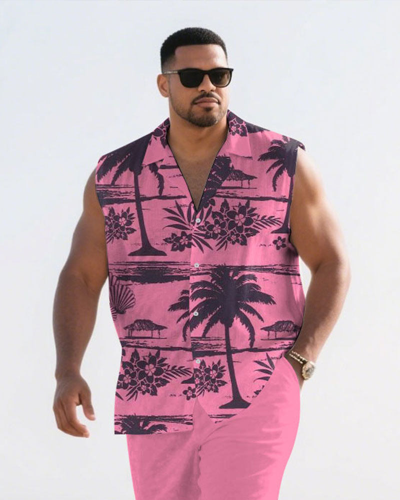 Big & Tall Pink Hawaiian Graphic T-Shirt Shorts Set for big men view 2