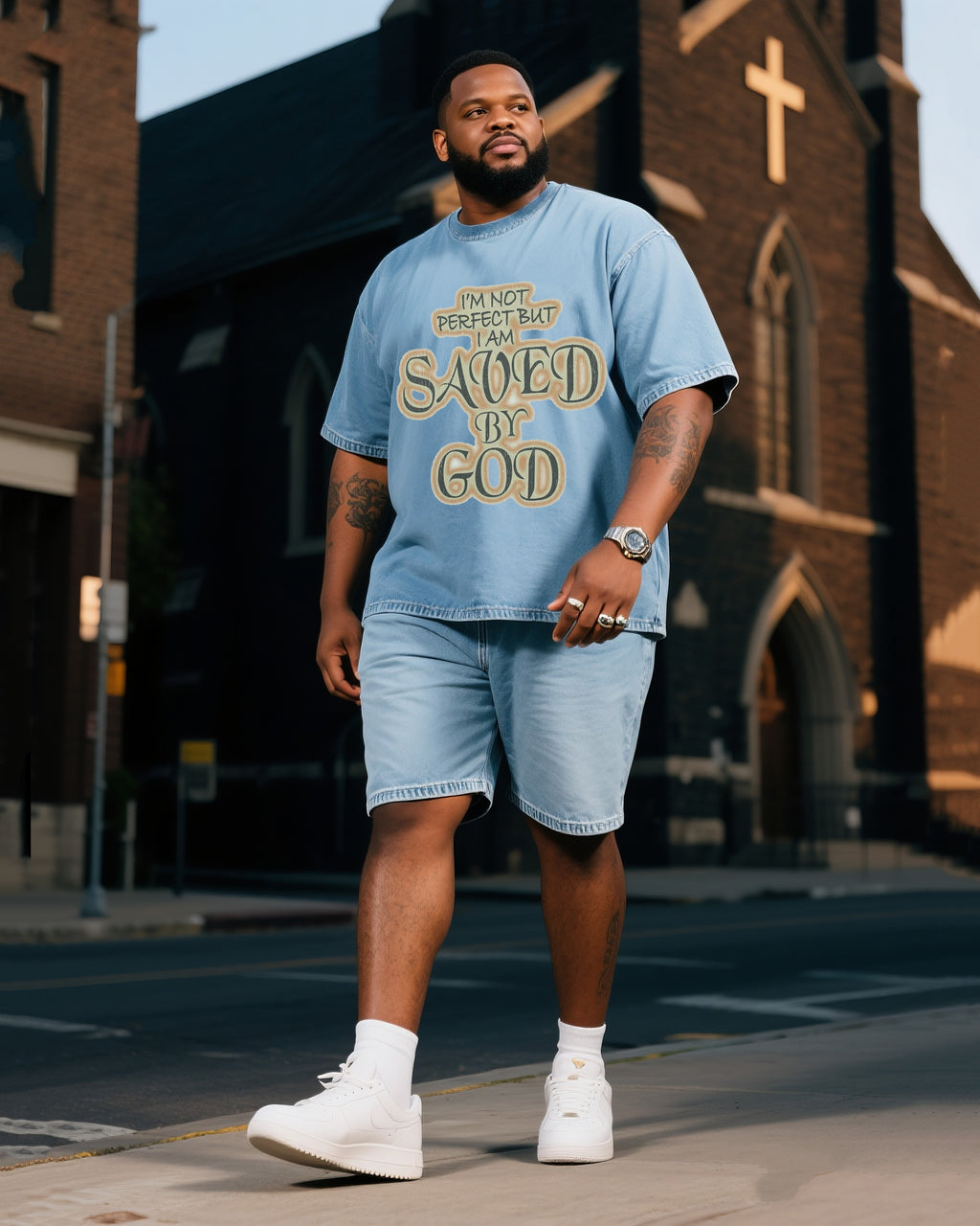 Big & Tall Denim T-Shirt Shorts Set for big men view 1
