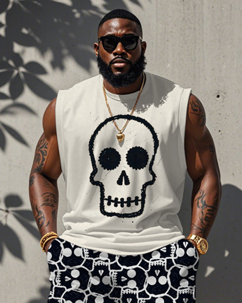 Big & Tall Graphic Streetwear Skull Vest Pants Set for big men view 2