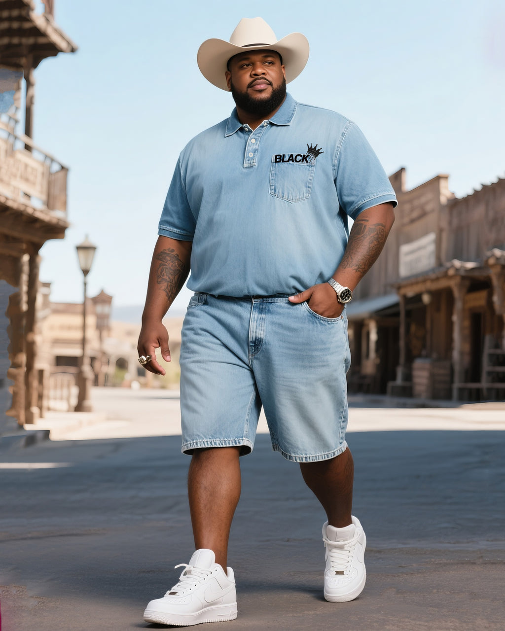Big & Tall Denim Streetwear Polo Shorts Set for big men view 1