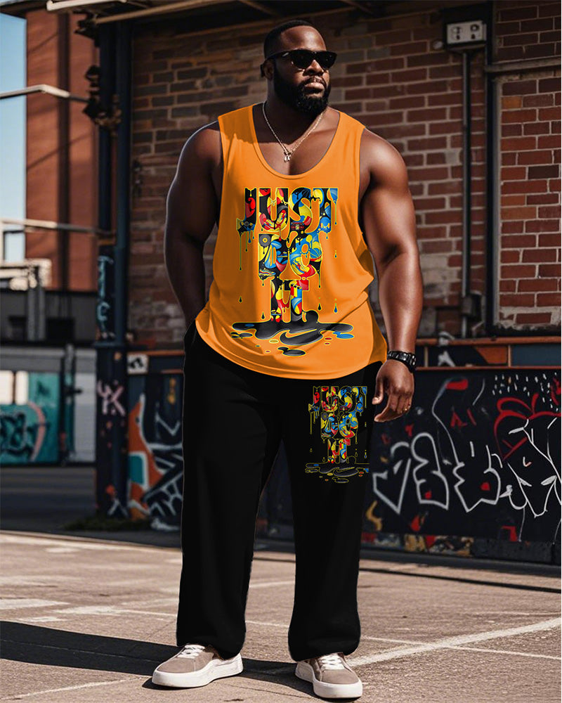 Big & Tall Graphic Graffiti Streetwear Vest Pants Set for big men view 1