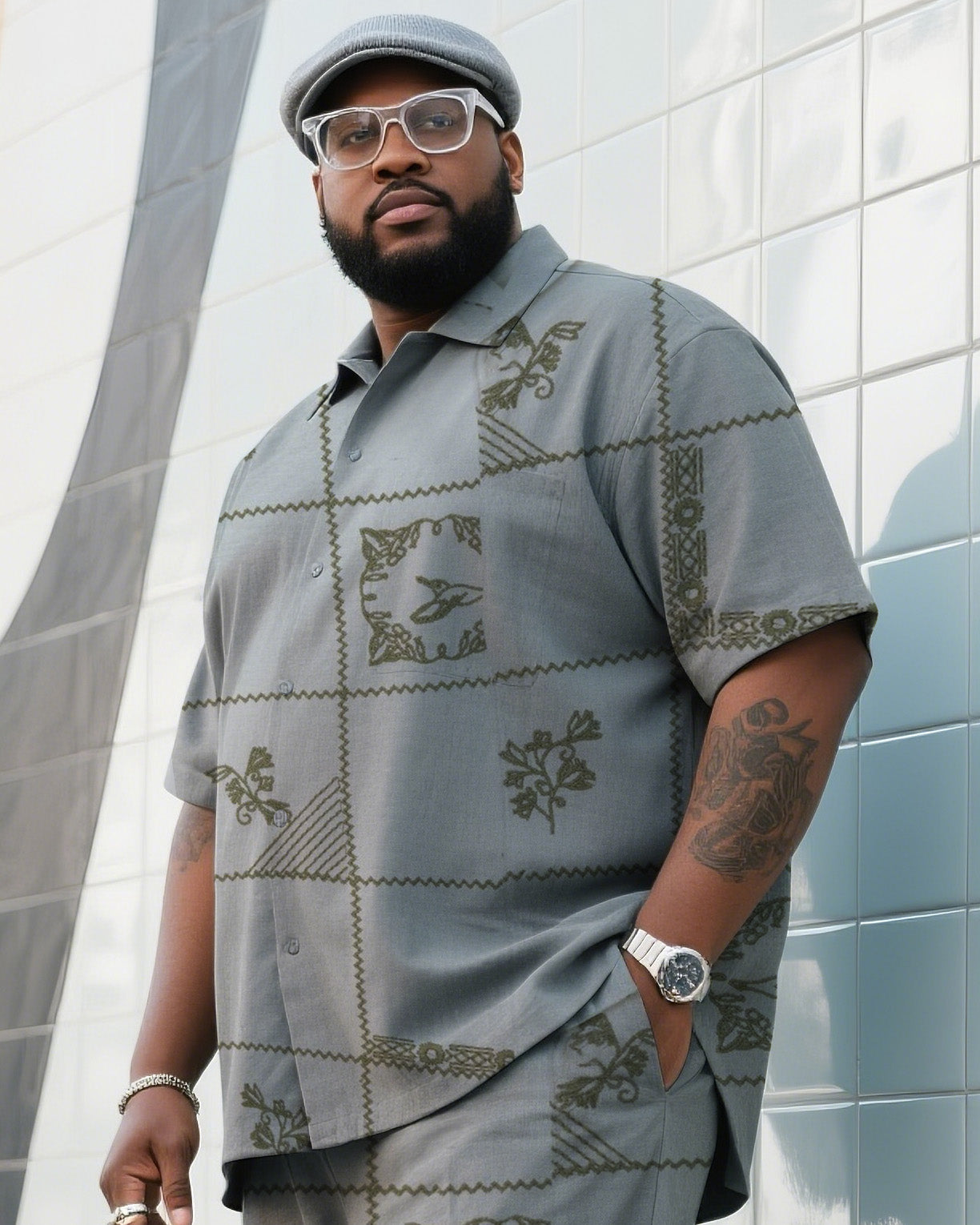 Big & Tall Gray Floral T-Shirt Pants Set for big men view 3