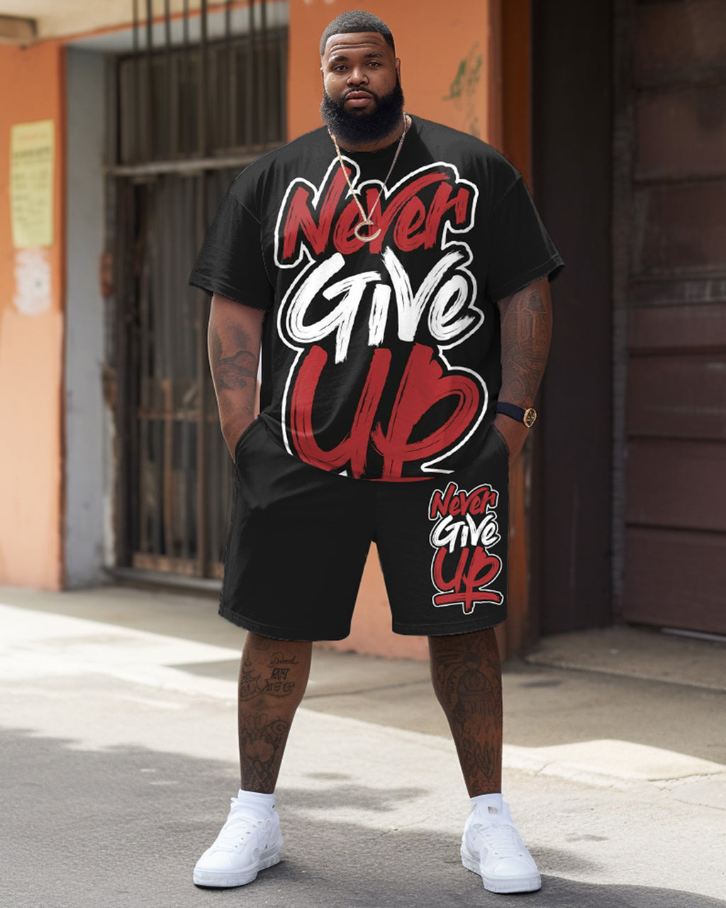 Big & Tall Graphic Streetwear T-Shirt Shorts Set for big men view 2